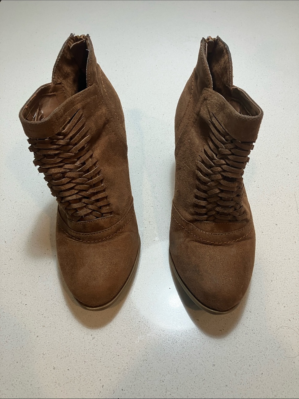 Fergalicious Brown Suede Braided Front Ankle Booties